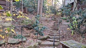 Eine steinerne Treppe führt einen Hügel hinauf, umgeben von Bäumen und Vegetation.