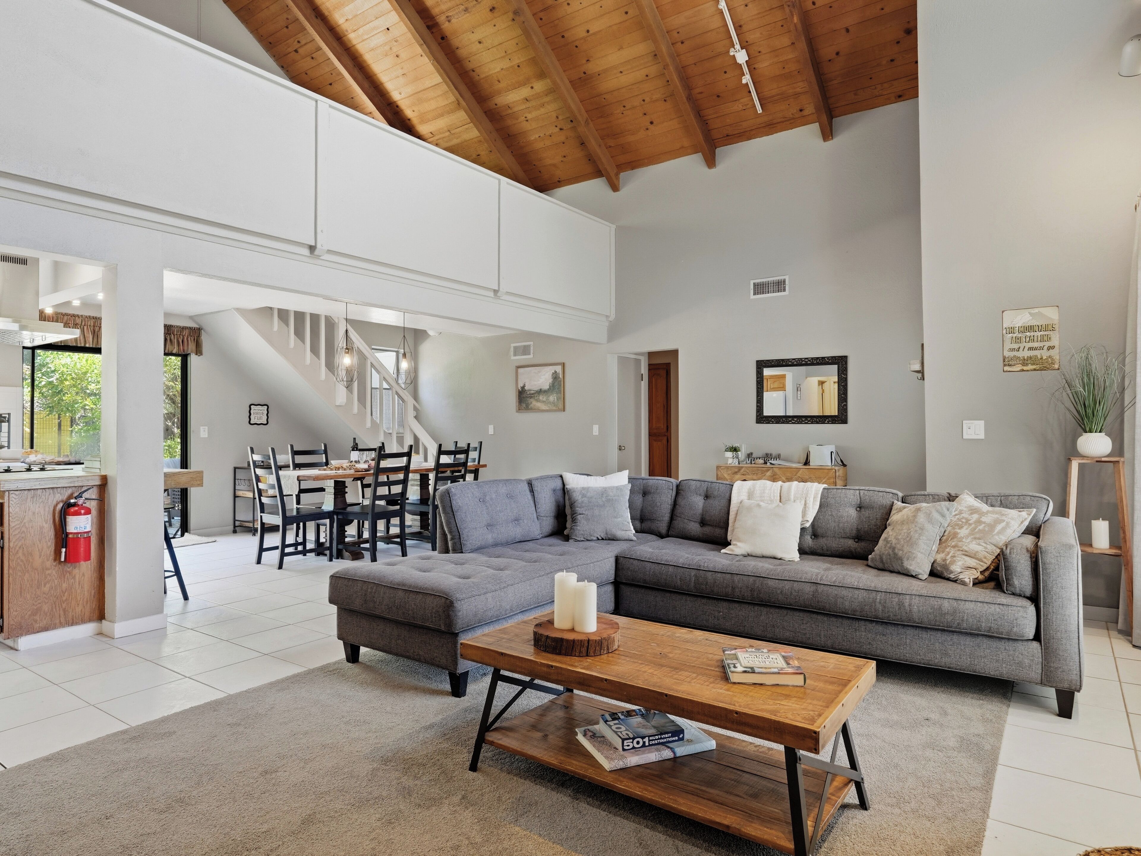 Smart TV, fireplace, books