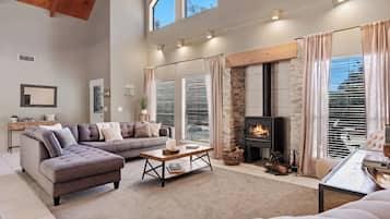 Smart TV, fireplace, books