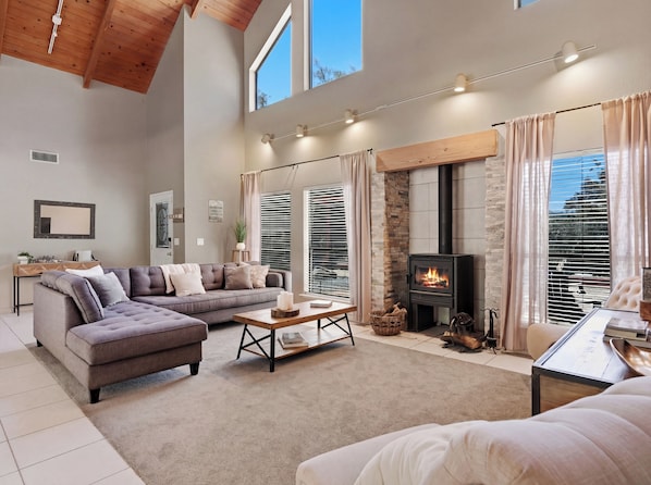Smart TV, fireplace, books