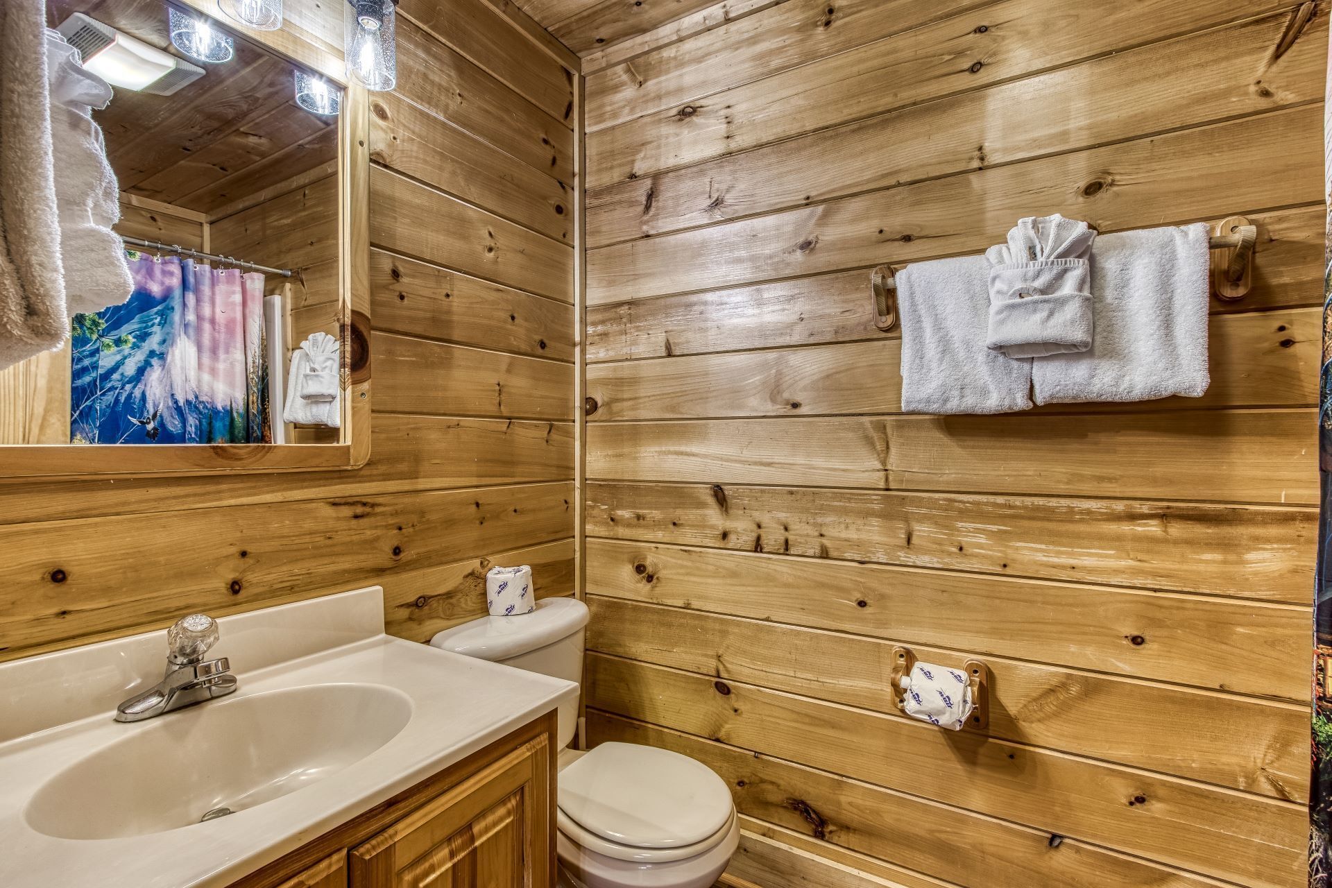 A wooden cabin bathroom with a sink, toilet, and a mirror reflecting a mountain view.