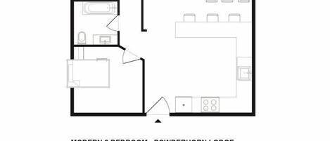 Planta moderna de dois quartos com um refúgio estilo chalé, incluindo cozinha, sala de jantar e dois quartos.