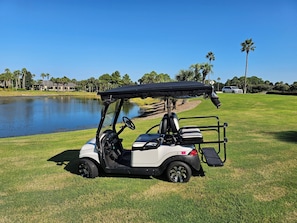 A golf cart parked on a grassy area near a body of water with a clear sky. - Remodeled Beachside 4025 | Spacious Condo | Beachfront | Pool + Golf Cart Included (Miramar Beach)