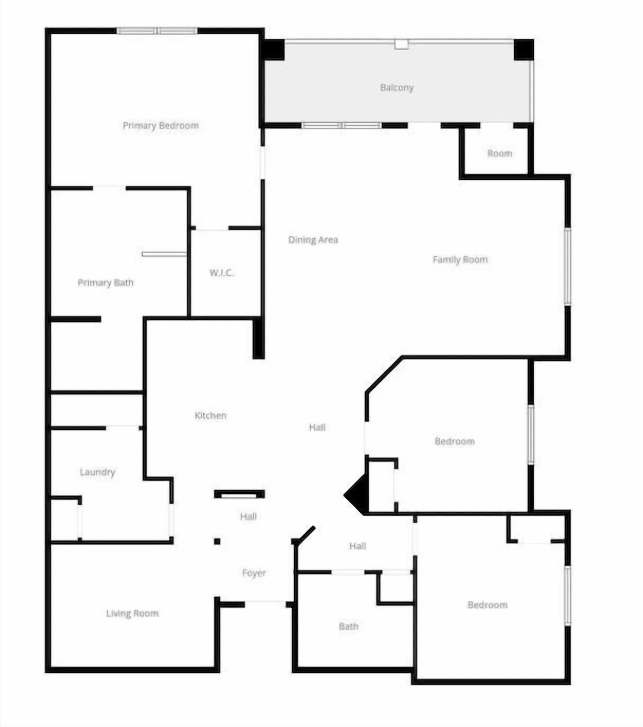 Een plattegrond met een hoofdslaapkamer, balkon, eetruimte, gezinskamer, badkamer bij de hoofdslaapkamer, keuken, woonkamer en meerdere slaapkamers.