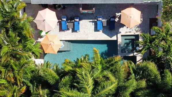 An aerial view of a pool area with lounge chairs and umbrellas, surrounded by palm trees.