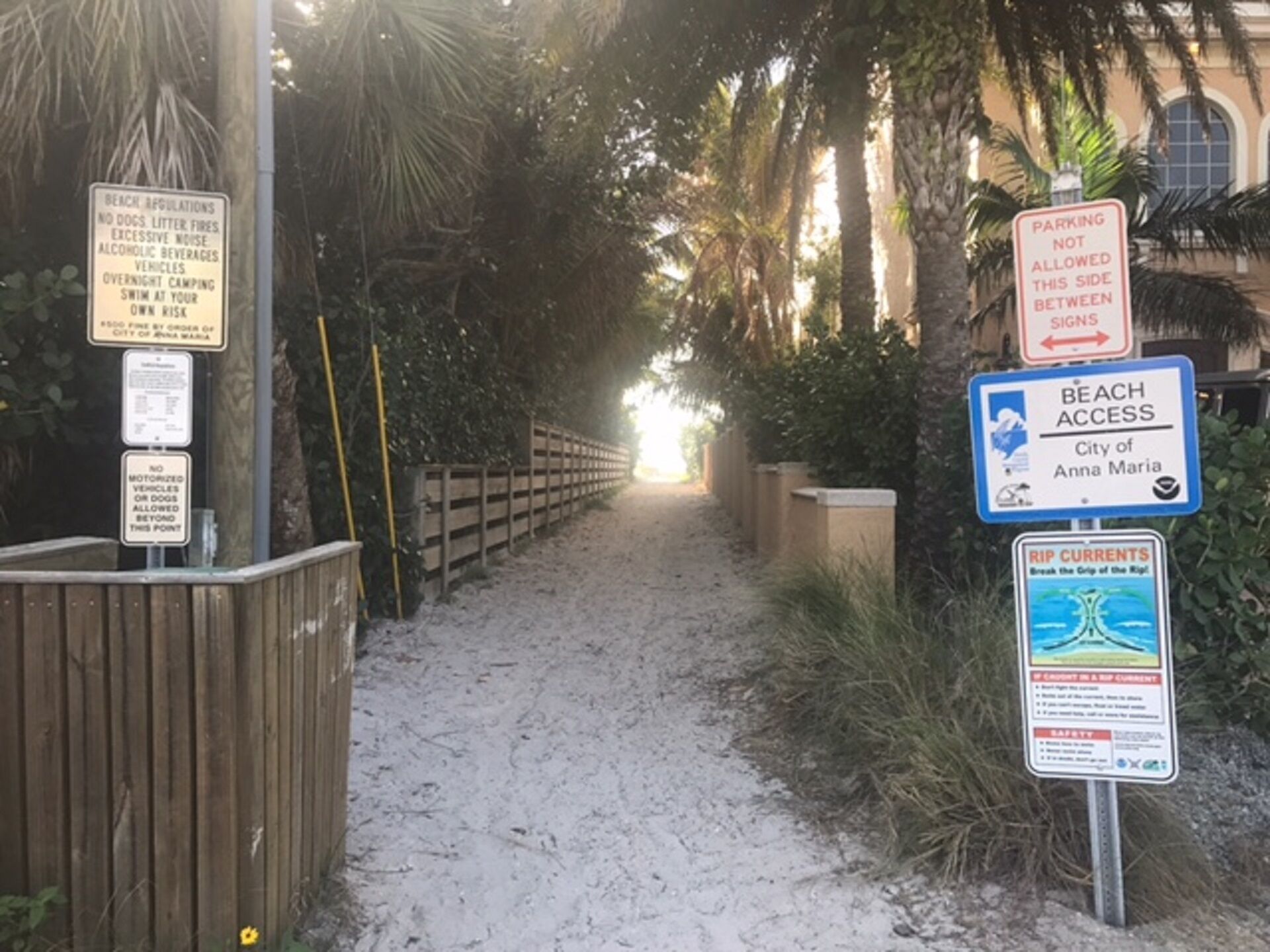 Un sentier menant à la plage, agrémenté de nombreux panneaux indiquant l’accès à la plage, interdisant la circulation des véhicules à moteur et signalant la présence de courants dangereux.