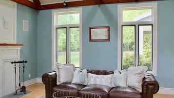 Smart TV, fireplace, books, music library