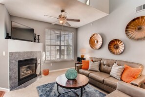 Smart TV, fireplace, video games, DVD player