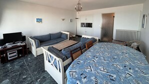 Un dormitorio con cama, sofá, televisor, radiador y puerta.