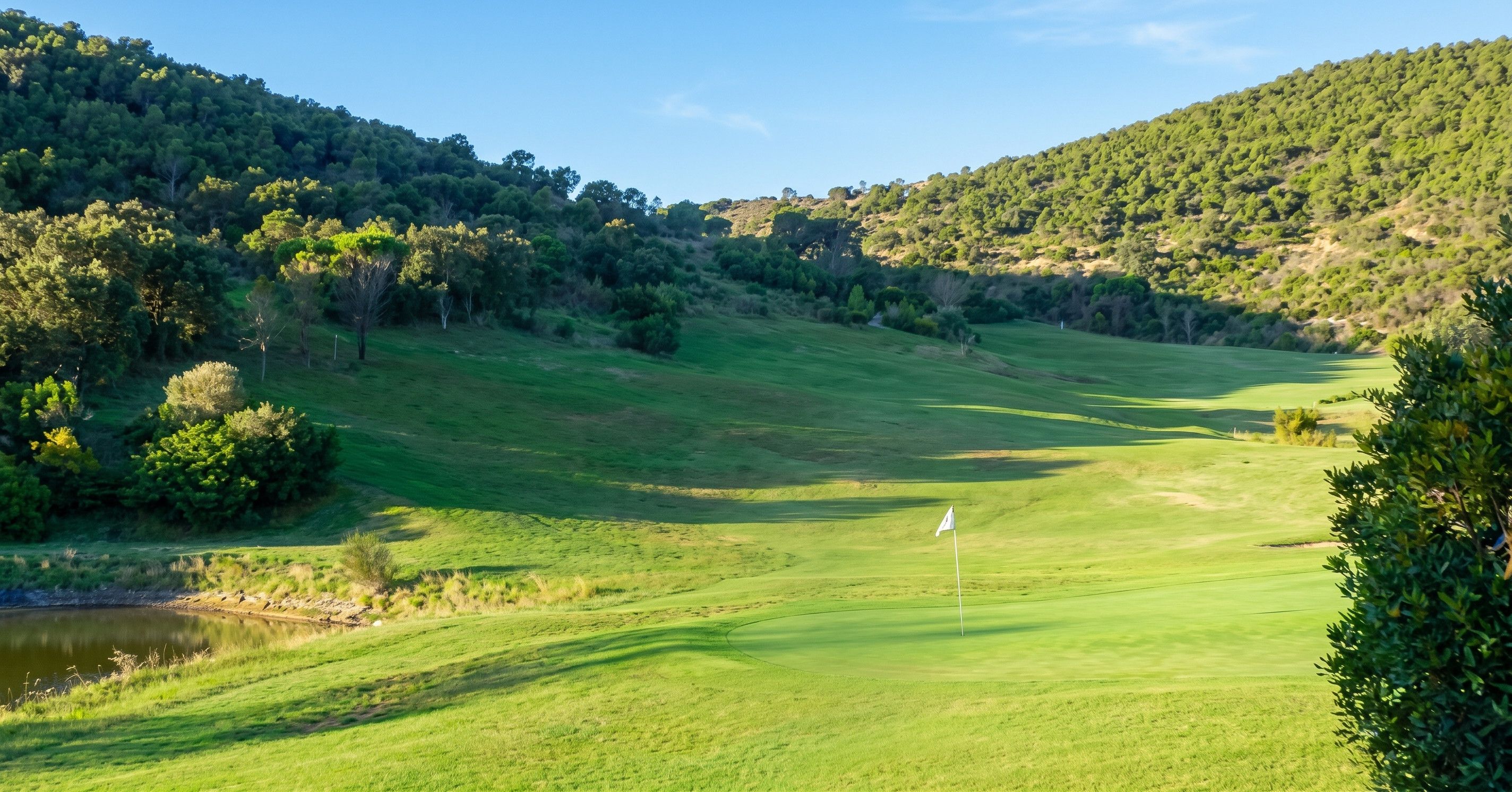 Un campo da golf con un bastone a bandierina, circondato da dolci colline e alberi fitti.