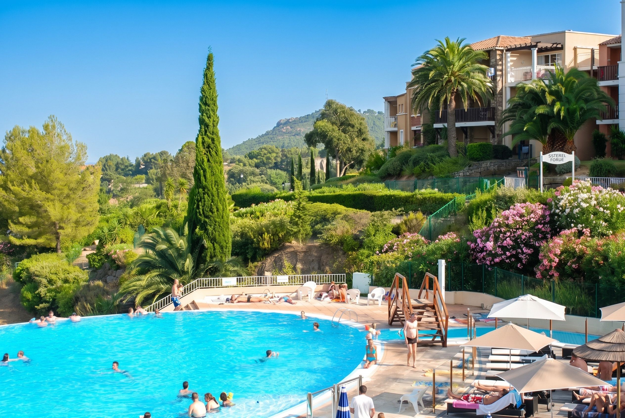 A swimming pool surrounded by lush greenery and a hillside.