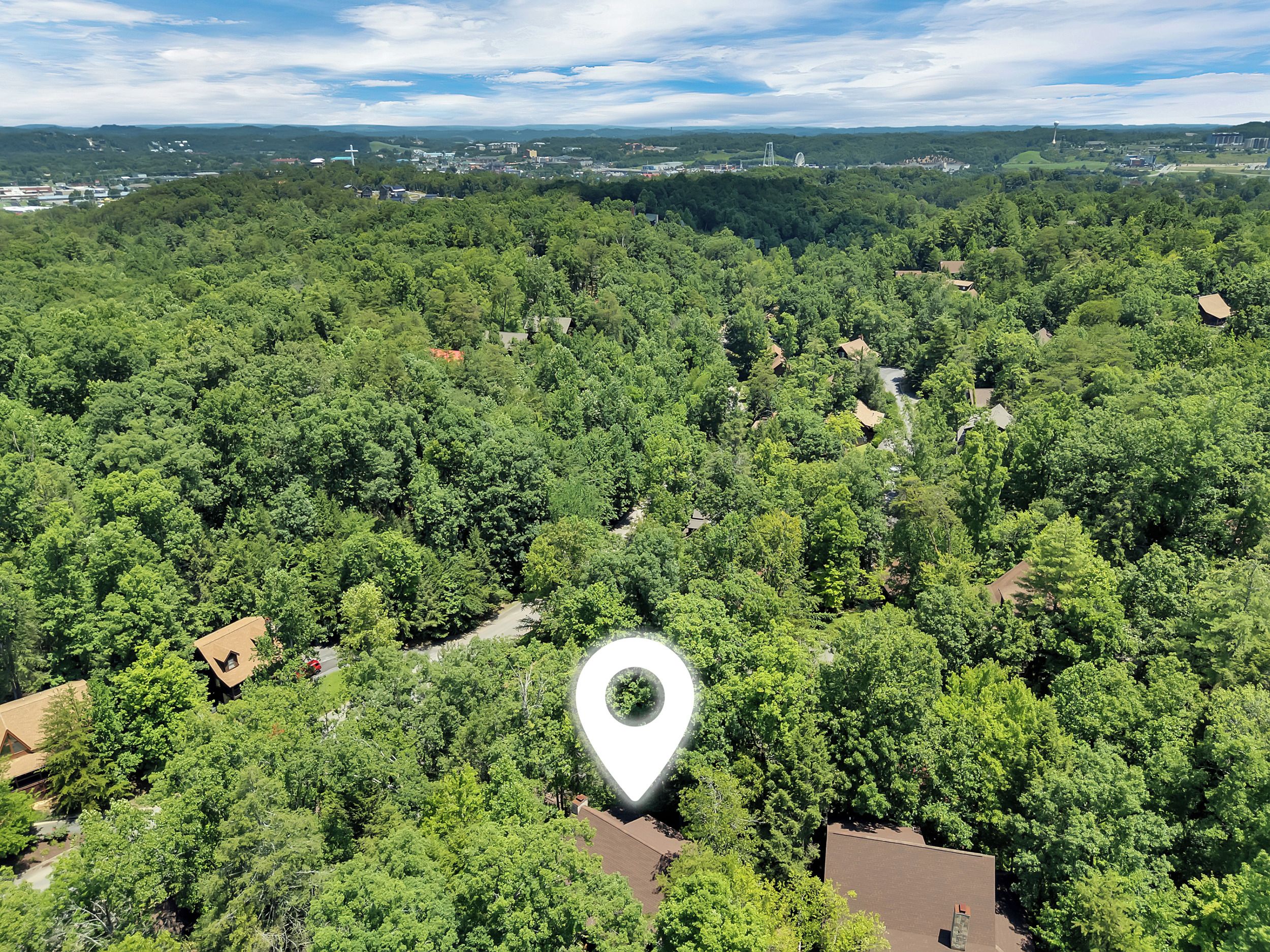 An aerial view of a residential area with dense greenery and scattered houses.