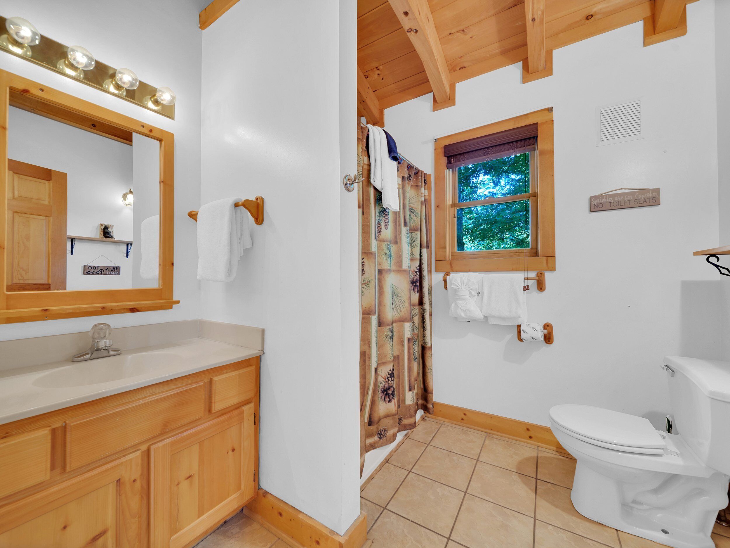 Baño con tocador de madera, lavamanos, espejo con iluminación, ventana y retrete.