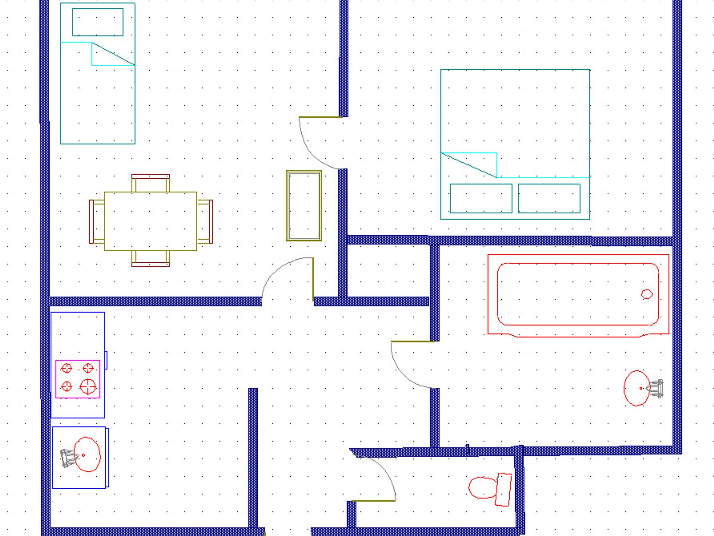 A hotel layout with multiple rooms, a central hallway, and a dining area.