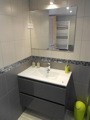 Secadora de cabello, toallas, jabón, papel de baño 