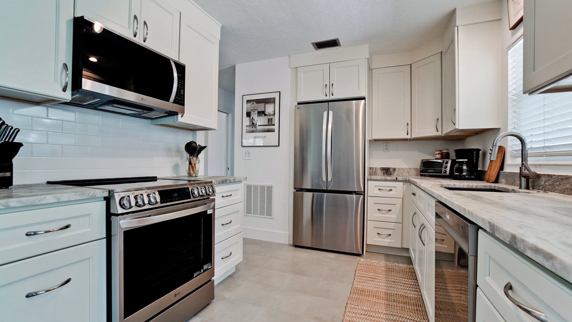 Fridge, microwave, oven, dishwasher