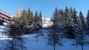 Schneebedeckte Landschaft mit hoch aufragenden Nadelbäumen und einem Gebäude mit mehreren Balkonen.