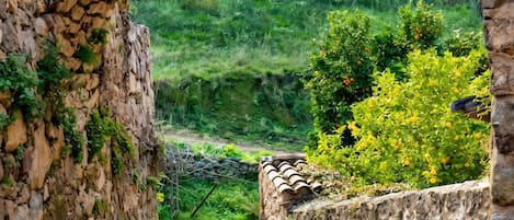 A stone archway leading to a stone pathway surrounded by greenery.