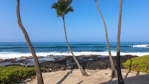 Ein Strand mit Palmen und felsiger Küstenlinie.