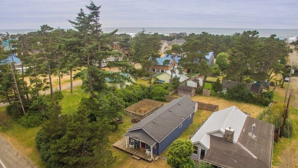 Un quartier résidentiel avec des maisons entourées d’arbres, une route et une vue sur l’océan.