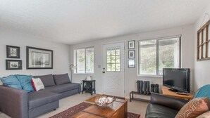 Un salon avec un canapé gris, une table basse en bois, un téléviseur et une cheminée.