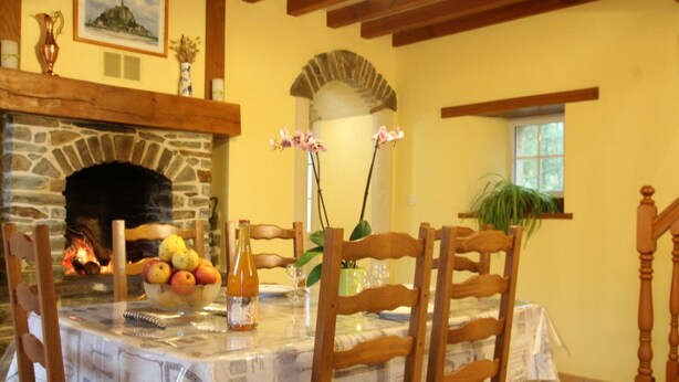 A dining area with a stone fireplace, wooden chairs, a table covered with a vintage tablecloth, and a vase with flowers. - Bright countryside house with garden and fireplace (Saint-Jean-de-Savigny)