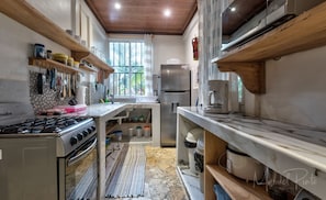 Fridge, microwave, oven, coffee/tea maker
