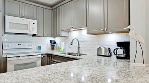 Fridge, microwave, dishwasher, coffee/tea maker