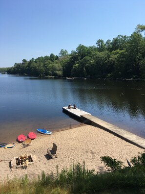 On the beach, sun-loungers