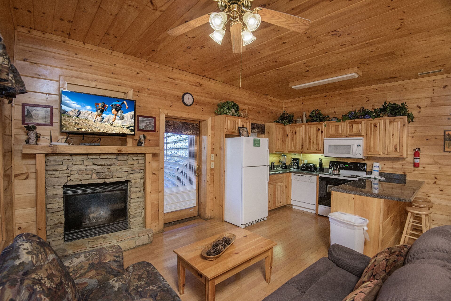 Interior acogedor de una cabaña con chimenea de piedra, paredes de madera, un televisor, una cocina con electrodomésticos básicos y una zona de estar.