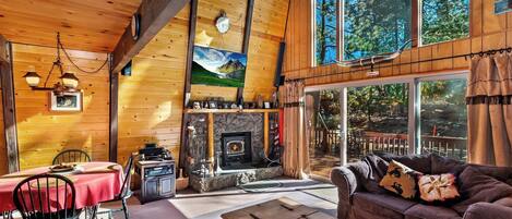 Télévision, cheminée, chaîne hi-fi