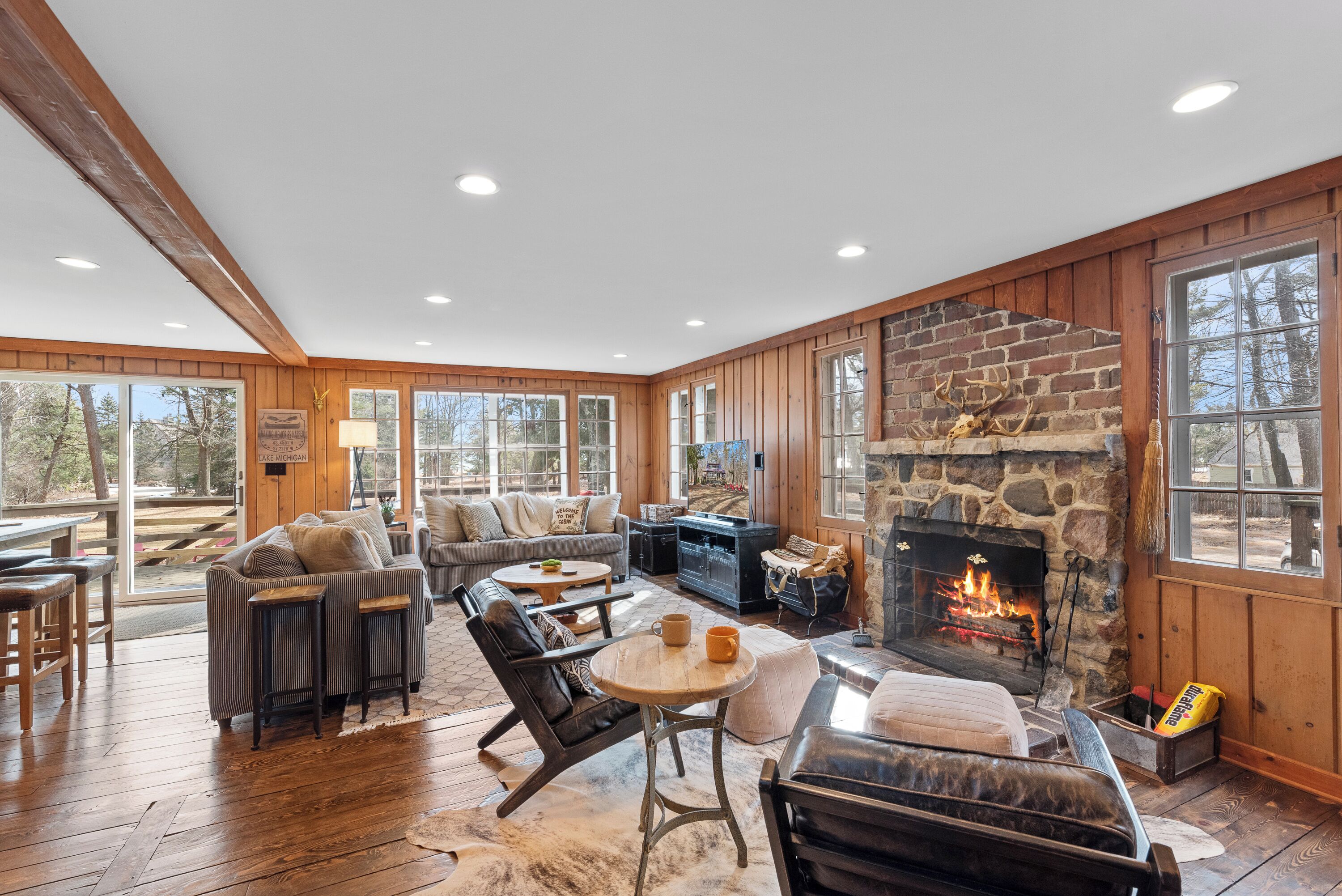 Smart TV, fireplace, books, music library