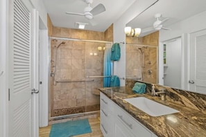 Shower, hair dryer, towels - Poipu Shores 102B - Unforgettable Oceanfront Bliss (Poipu)