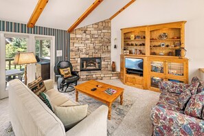 Télévision, cheminée, lecteur de DVD