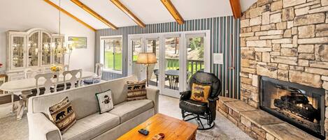 Télévision, cheminée, lecteur de DVD