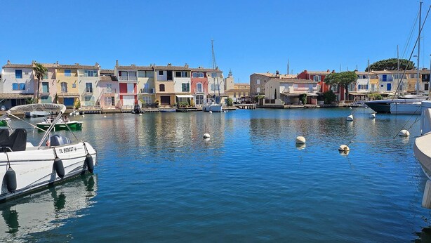 A marina with boats docked, a row of colorful buildings, and swans swimming in the water.
