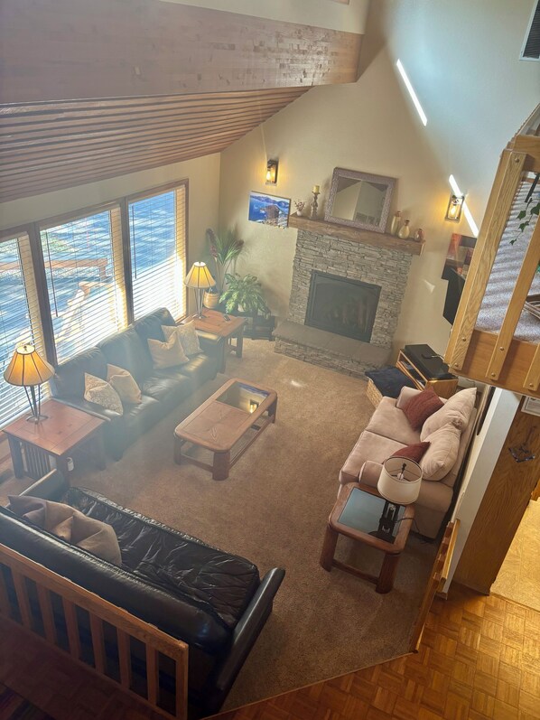 Smart TV, chimenea, reproductor de DVD y libros 