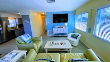 Smart TV, fireplace, books, stereo