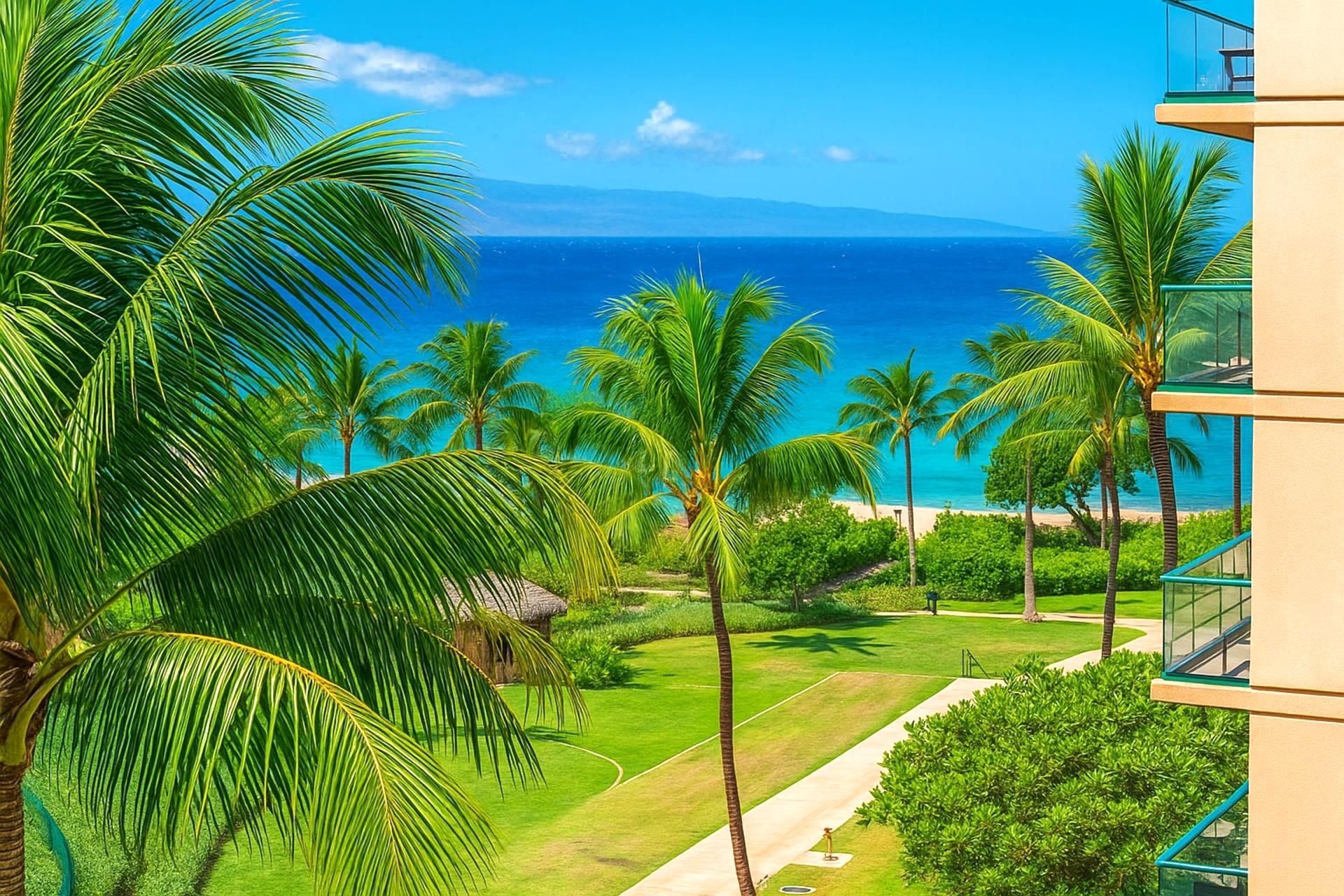 Un complexe hôtelier tropical offrant une vue sur l’océan, avec des palmiers et un sentier menant à la plage.