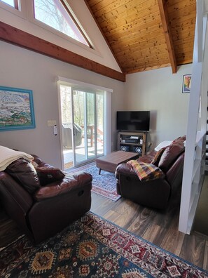 Smart TV, fireplace, books, stereo