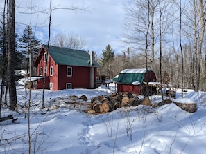 A red cabin with a green roof surrounded by snow-covered ground and trees.