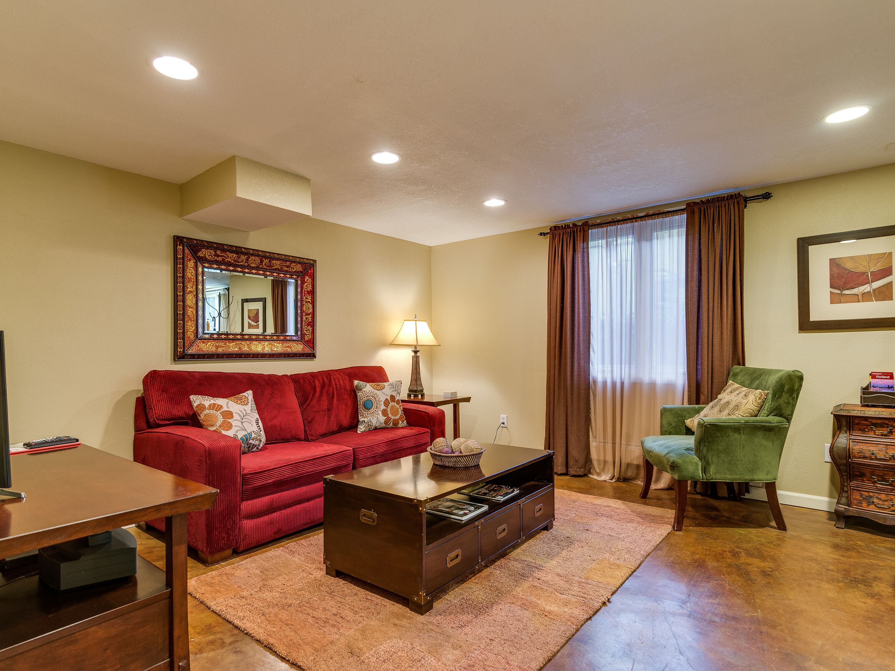 Smart TV, chimenea, reproductor de DVD y libros 