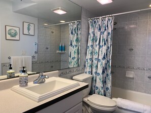 Shower, hair dryer, towels