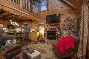 Een televisie, een open haard, een dvd-speler en een stereo