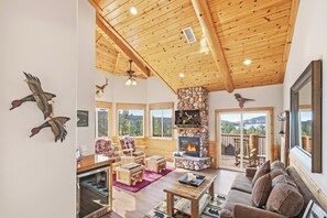 Télévision, cheminée, lecteur de DVD, baby-foot