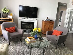 TV, fireplace, DVD player, video library