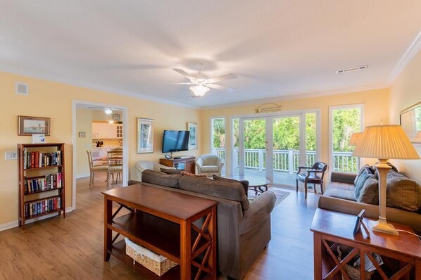 TV, DVD player, ping pong, video library