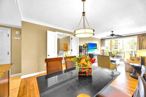 The kitchen's open design lets you prep meals while staying connected with the dining and living areas.