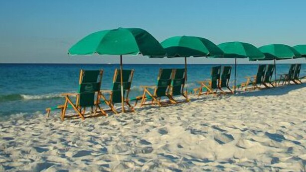 Een strand met rijen groene parasols en ligbedden.