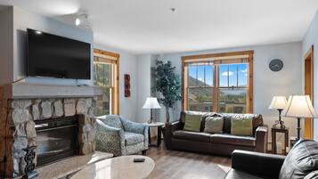 Flat-screen TV, fireplace, DVD player